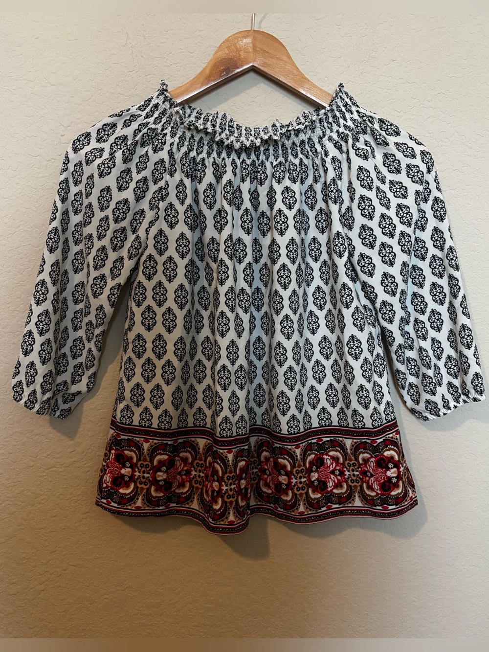 High Street Womens Black White Paisley Peasant Top Quarter Sleeve Size Small